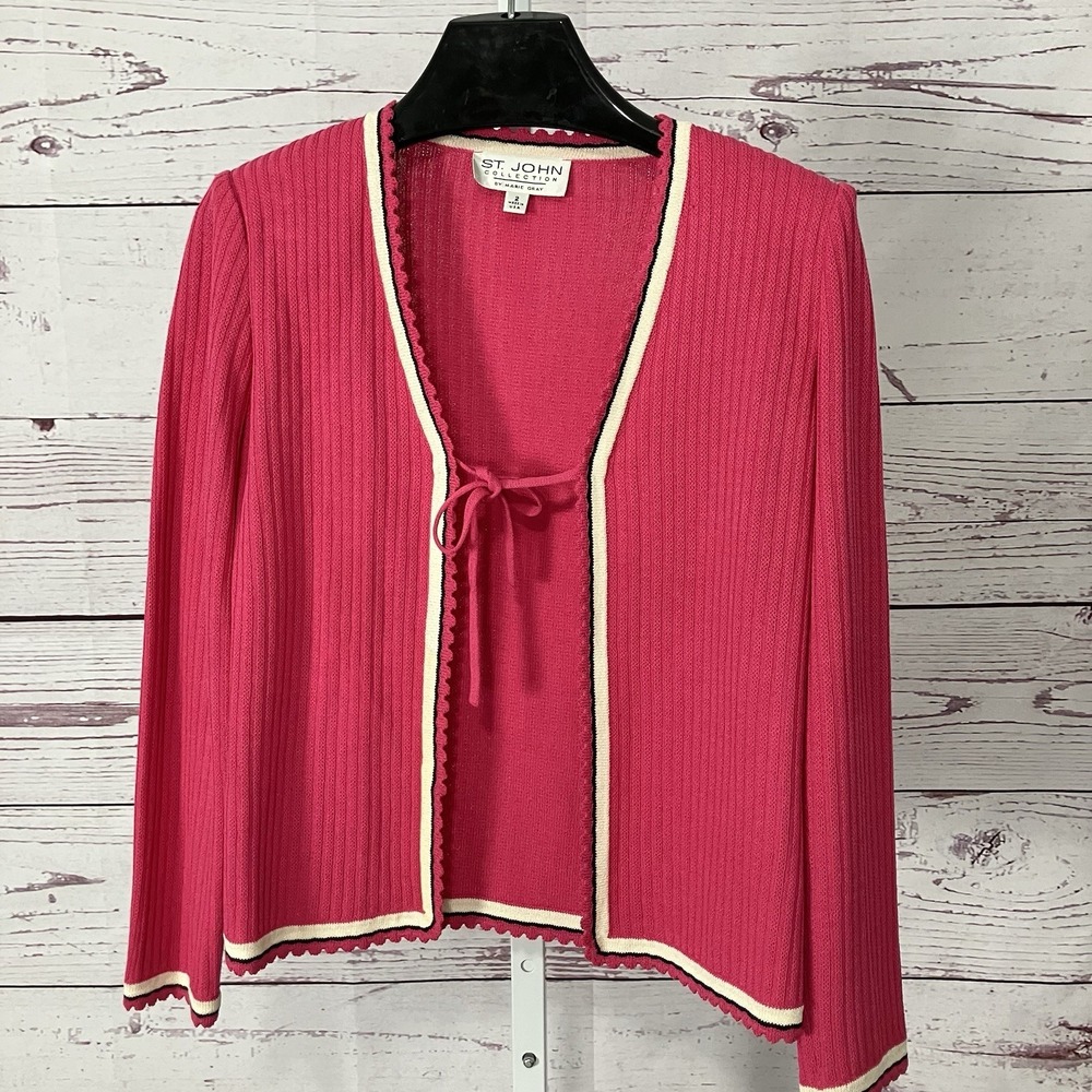 St John Collection Cardigan Womens Size 2‎ Pink Santana Knit Tie Front USA